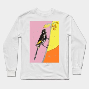 Australian Honeyeater Bird Painting - New Holland on Yellow and Pink Long Sleeve T-Shirt